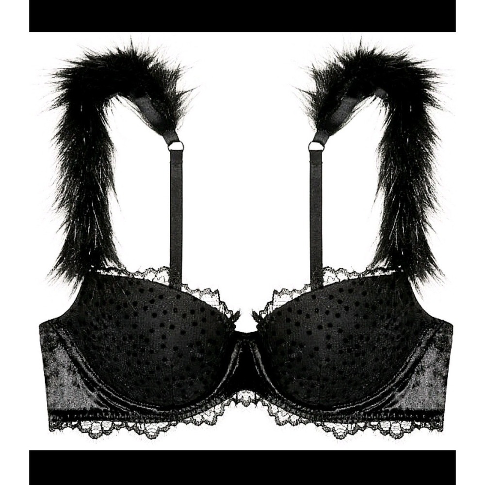 Victoria's Secret Lace Black Bra REMOVABLE Faux FUR Dream Angels Demi 32DD Sexy‎